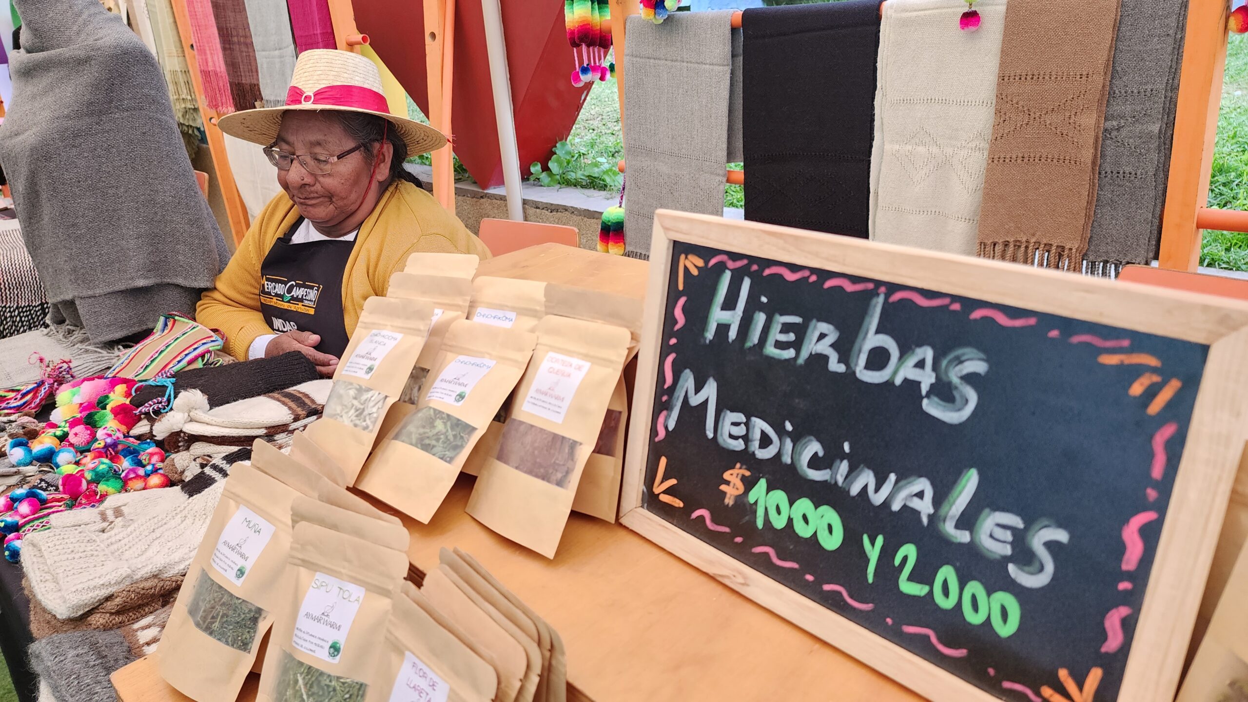 Primitiva Gómez de Cariquima ofrece accesorios elaborados con lana de alpaca y también hierbas medicinales